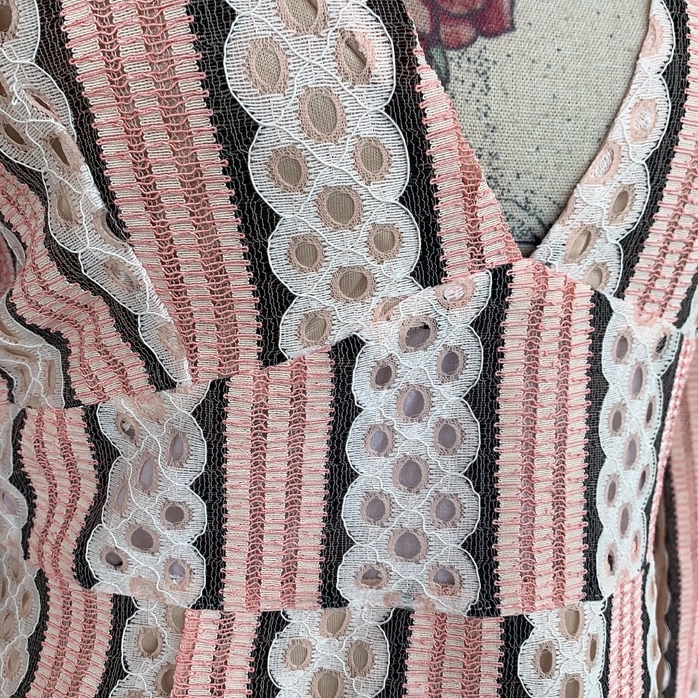 ❌DONATED❌Blush Pink Crochet Eyelets Striped Deep V Lined Dress - Picture 8 of 17